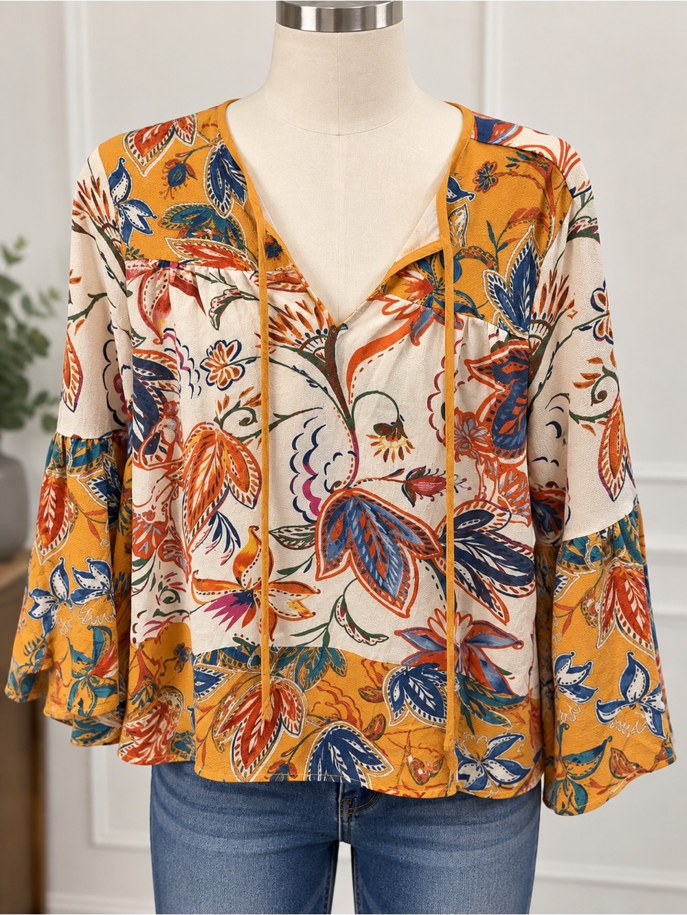 Flying Tomato Boho Floral Paisley Bell Sleeve Blouse Top Size M